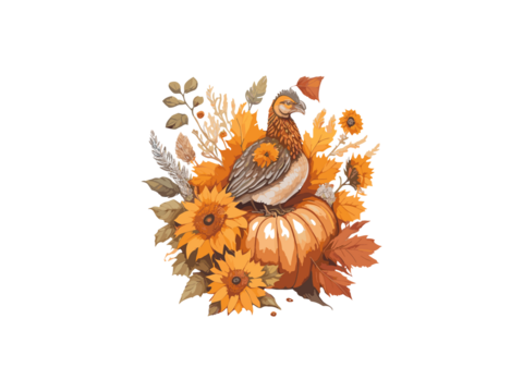 turkey with fall pumpkin and sun flowers illustration , Png Clipart.