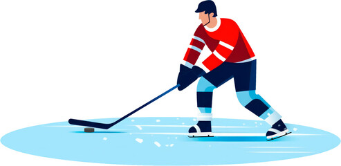 Illustration of a hockey player in action with a hockey stick and puck. - obrazy, fototapety, plakaty