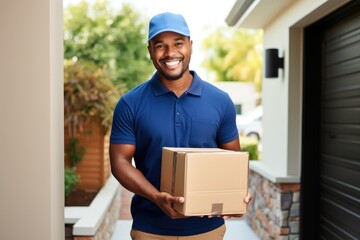 A man in a blue shirt is holding a cardboard box