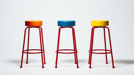 A trio of stools in primary colors (red, blue, yellow) neatly aligned against a stark white backdrop.
