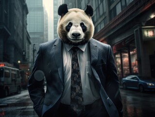 panda on a suit in a big city