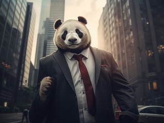 panda on a suit in a big city