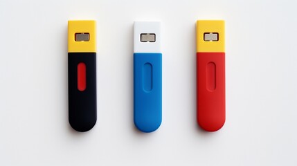 A trio of USB drives in primary colors, neatly aligned with symmetry against a white environment.