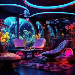 Luxurious room interior with curves of bright neon lights,