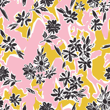 Hand drawn minimal flower pattern on abstract swirl wavy background