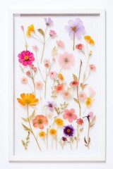 Transparent acrylic frame with pressed flowers isolated on white background