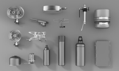 Tourist equipment for travel and tourism. Gas and gasoline burners, gas cylinders of various types, gas lamps and heaters, fuel tanks, wind protection, cutter, dishes. 3d illustration.