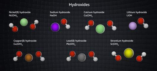 Hydroxide is a diatomic anion with chemical formula OH−. Hydroxide of nickel, sodium, Calcium, lithium, copper, lead and strontium. 3d illustration.