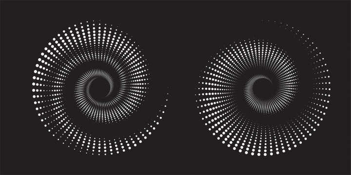 Halftone circular dotted frames set. Circle dots texture isolated on white background. Spotted spray texture. Vector abstract design element dots halftone modern