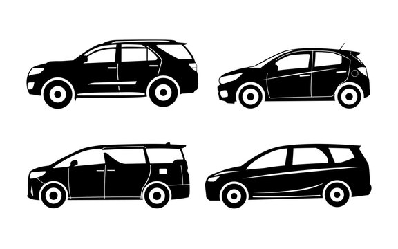 Various types of luxury family cars in silhouette, means of transportation
