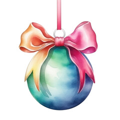 colorful watercolor Christmas ball with ribbon and a bow, isolated on background. Generative AI.