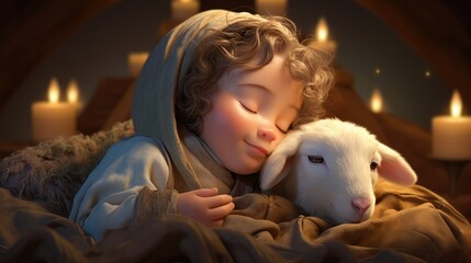 Baby Jesus sleeping next to sheep