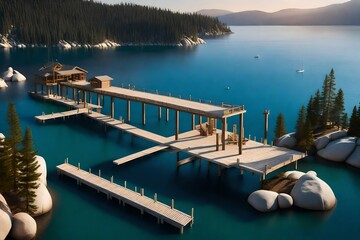 Fototapeta na wymiar A 3D rendering of the Jetty of Vikingholme in Emerald Bay, meticulously crafted for realism, with dynamic lighting to showcase the details of the surroundings and create a sense of depth and immersion