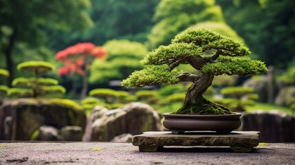 A bonsai tree in the center of an ancient Japanese garden, surrounded by other bonsai trees and...
