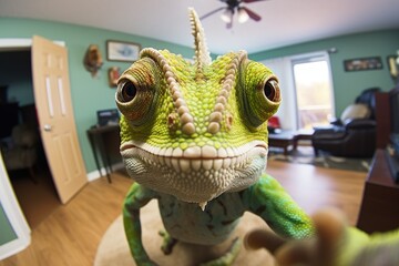 A close up of a toy lizard on a table