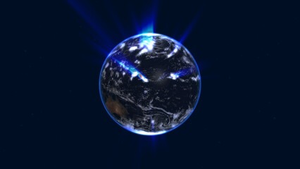 earth globe with glowing details and light rays. 3d illustration.