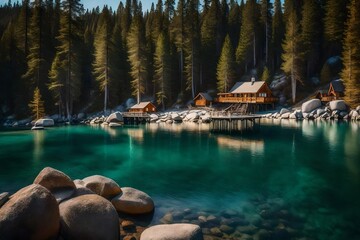 Fototapeta na wymiar A 3D rendering of the Jetty of Vikingholme in Emerald Bay, meticulously crafted for realism, with dynamic lighting to showcase the details of the surroundings and create a sense of depth and immersion