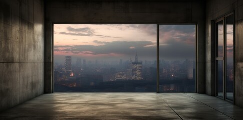 An empty room with a view of the city
