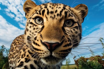 A close up of a leopard's face with trees in the background