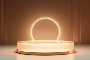 3D display podium beige background. Luxury flying transparent cloth in motion. Glamour minimal beauty pedestal , cosmetic product presentation. Neon light circle frame, empty mockup