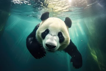  A panda swimming in the water with its head above the water © pham