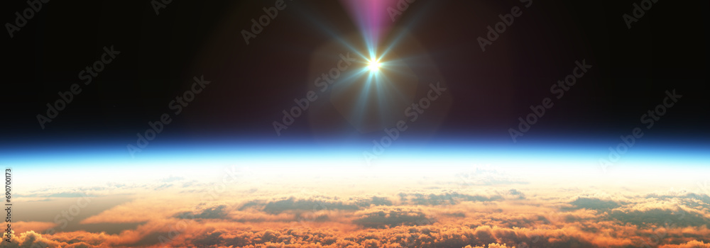 Wall mural earth sunrise from space over cloudy ocean. 3d rendering