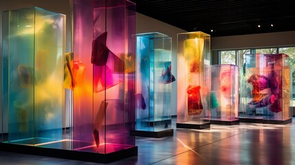 Abstract glass art installation with layers of colors and patterns.