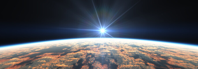 Earth sunrise from space over cloudy ocean. 3d rendering © aleksandar nakovski