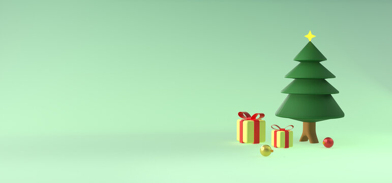 Christmas tree with gift box on a light green background,  3D rendering