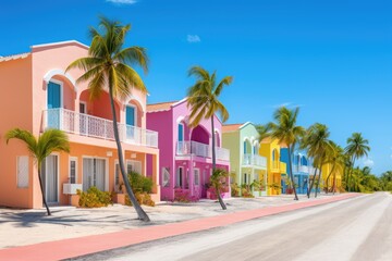Fototapeta na wymiar A row of colorful houses on a beach with palm trees
