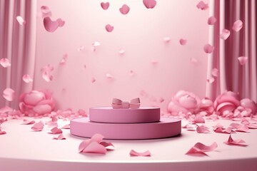 3D podium, display, background. Red, surprise, open gift box. Rose flower falling petals. Luxury cosmetic product presentation. 