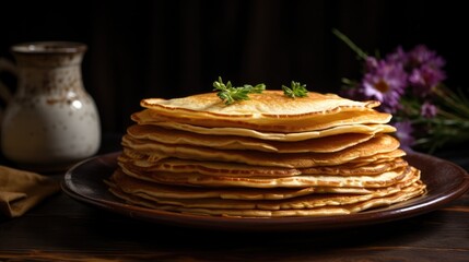 A stack of pancakes with butter drizzled with honey on the table.