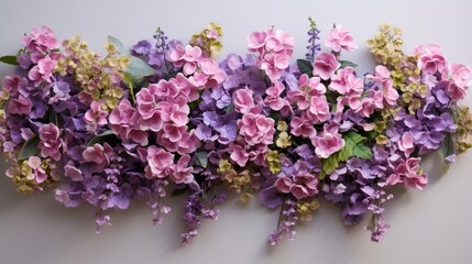 An ascending arrangement of wall flowers, transitioning from deep purple to light lilac against a smooth surface.