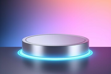 Abstract 3D silver cylinder pedestal podium floating on air with glowing neon ring background. Silver wall scene for product display presentation.