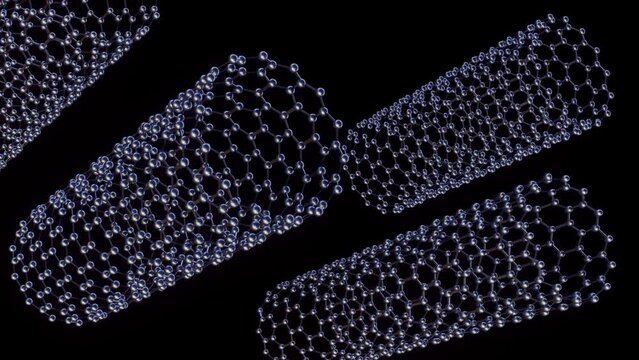 A 3D animation of a spinning carbon nanotube shows the carbon allotrope, which resembles a tube of carbon atoms.