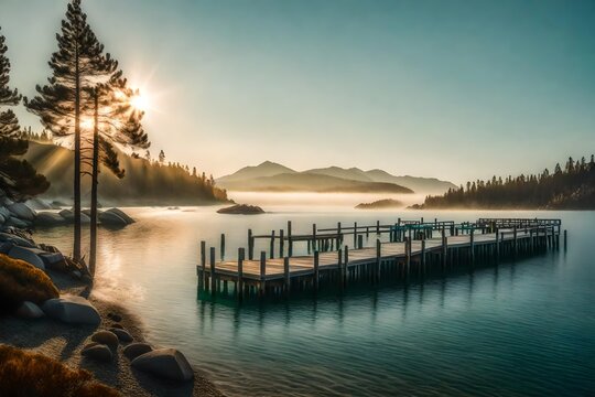 A breathtaking photograph capturing the Jetty of Vikingholme in Emerald Bay, Lake Tahoe, with the sparkling waters, surrounded by the natural beauty of Sacramento, California