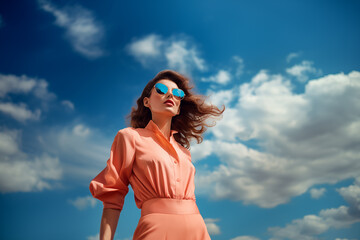 Low angle view of stylish woman in peach fuzz dress with yellow sunglasses against the sky