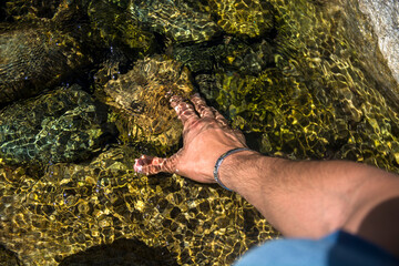 A man's hand reaching for something in the water
