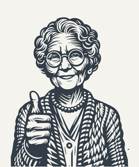 Grandma approves showing thumb up. Vintage woodcut engraving style vector illustration.	