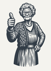 Obraz premium Grandma approves showing thumb up. Vintage woodcut engraving style vector illustration. 