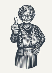 Grandma approves showing thumb up. Vintage woodcut engraving style vector illustration.	