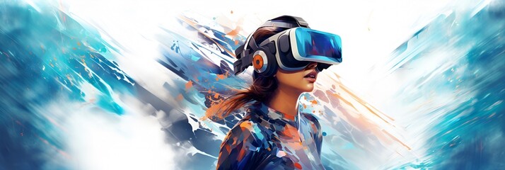 Illustration Virtual Reality, Frau erlebt virtuelle Welten durch eine VR-Brille - obrazy, fototapety, plakaty