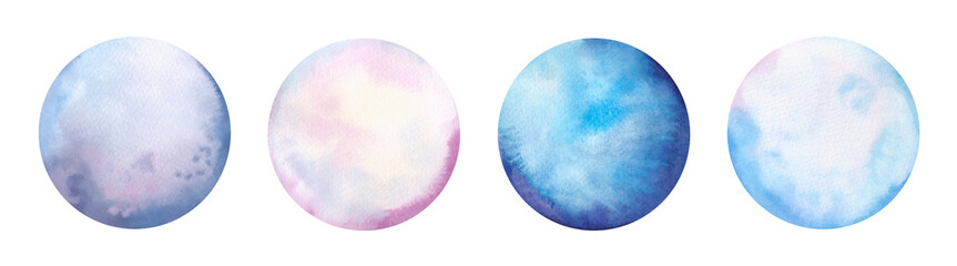 A set of round backgrounds in pastel shades with a gradient, hand-drawn. A decorative element for design and decoration. Watercolor illustration of planets, isolated circles on a white background.