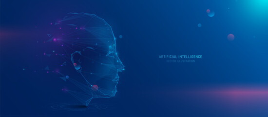 Humanoid head with neon neural network. Artificial intelligence technology. Vector illustration