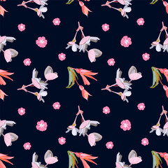 Vector seamless floral pattern on a dark background with small pink flowers