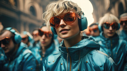 Close-up of young modern blonde with glasses followed by a crowd all wearing headphones and futuristic clothes through the city streets. Concept of futuristic reality and virtual world. Ai generated - Powered by Adobe