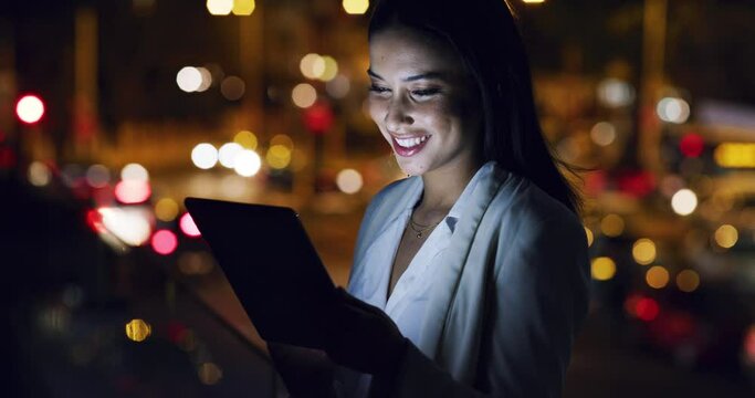 Businesswoman, night and tablet by smile for social media, post or meme in city. Late work, dark and female employee with technology for communication, research or information on app, internet or web