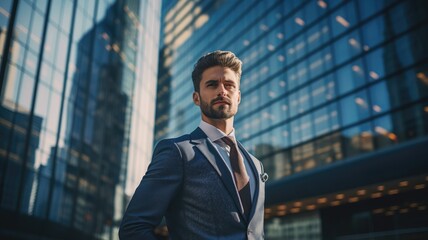 Fototapeta premium A man in a suit standing in front of a building