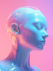 Futuristic portrait of female cyborg with ceramic skin and cybernetic enhancements. Intelligent automaton and pink background with neon lights. illustration of beauty and singularity AI technology