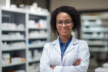 Fototapeta premium A woman in a lab coat standing in front of shelves